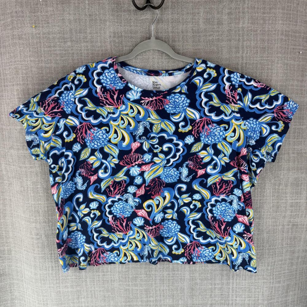 Kim Rogers T-Shirt Womens 2X Blue Jersey Hawaiian Floral Crew Neck Short Sleeve